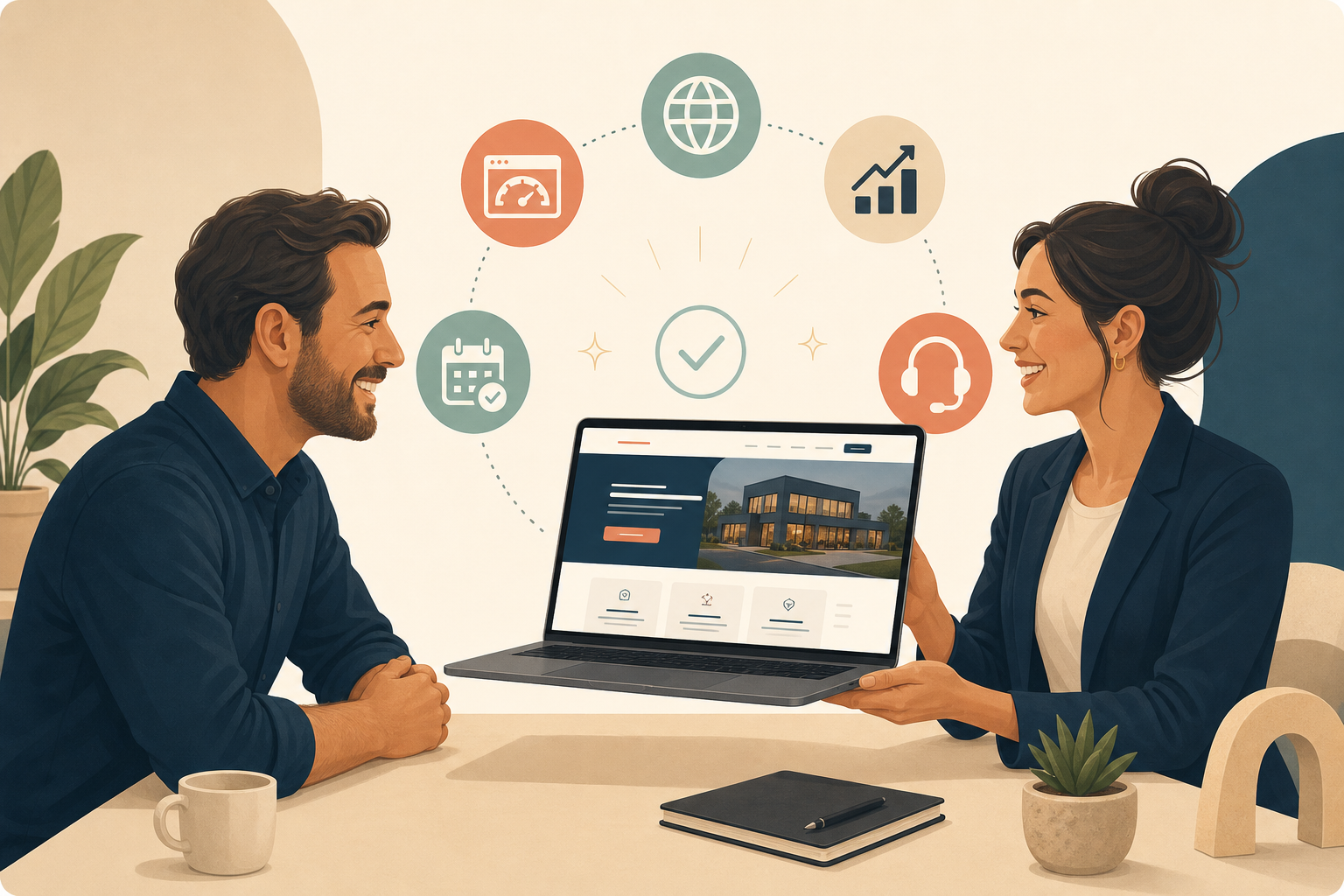 Illustration showing a finished website being handed over to a business owner with support and growth symbols