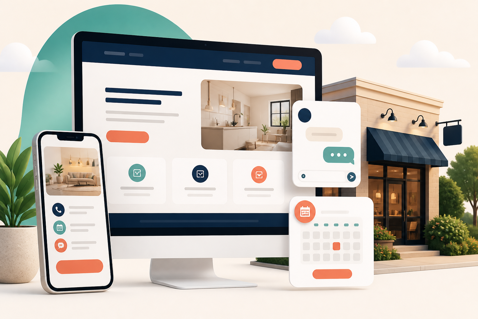Illustration of a professional business website displayed across desktop and mobile with booking and contact features