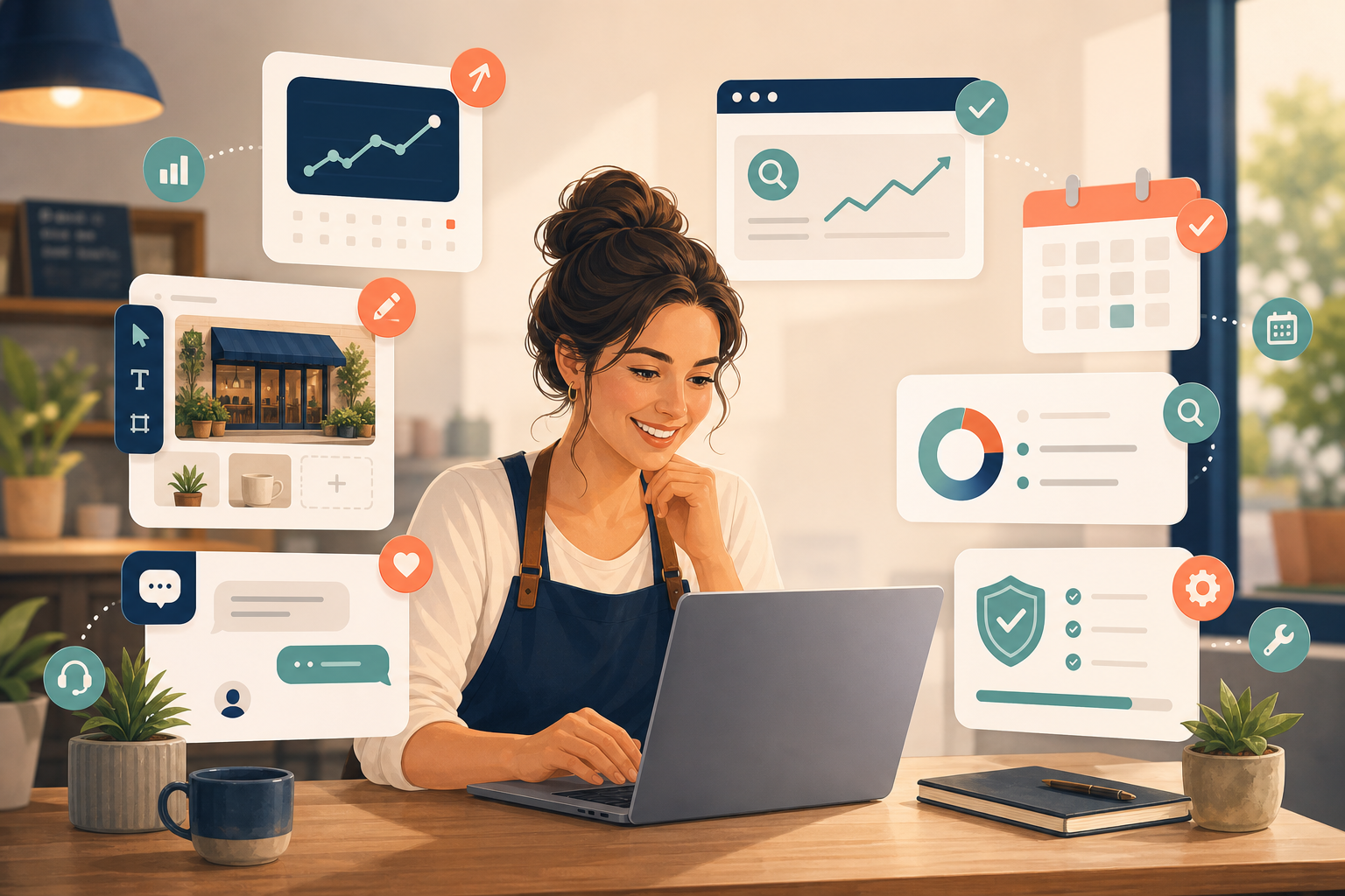 Illustration of ongoing website support with analytics, bookings, SEO growth, edits, and support tools